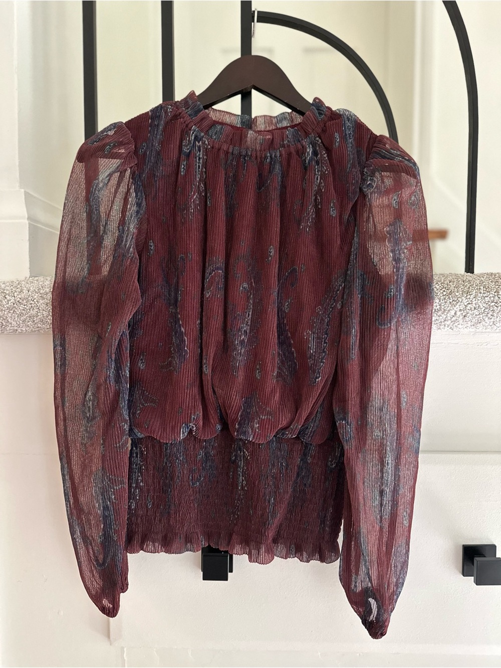 Joie Burgundy Sheer Paisley Long-Sleeve Blouse